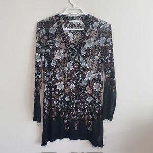 CLEO Floral Pattern Sheer V-Neck Women Tunic Blouse Size M